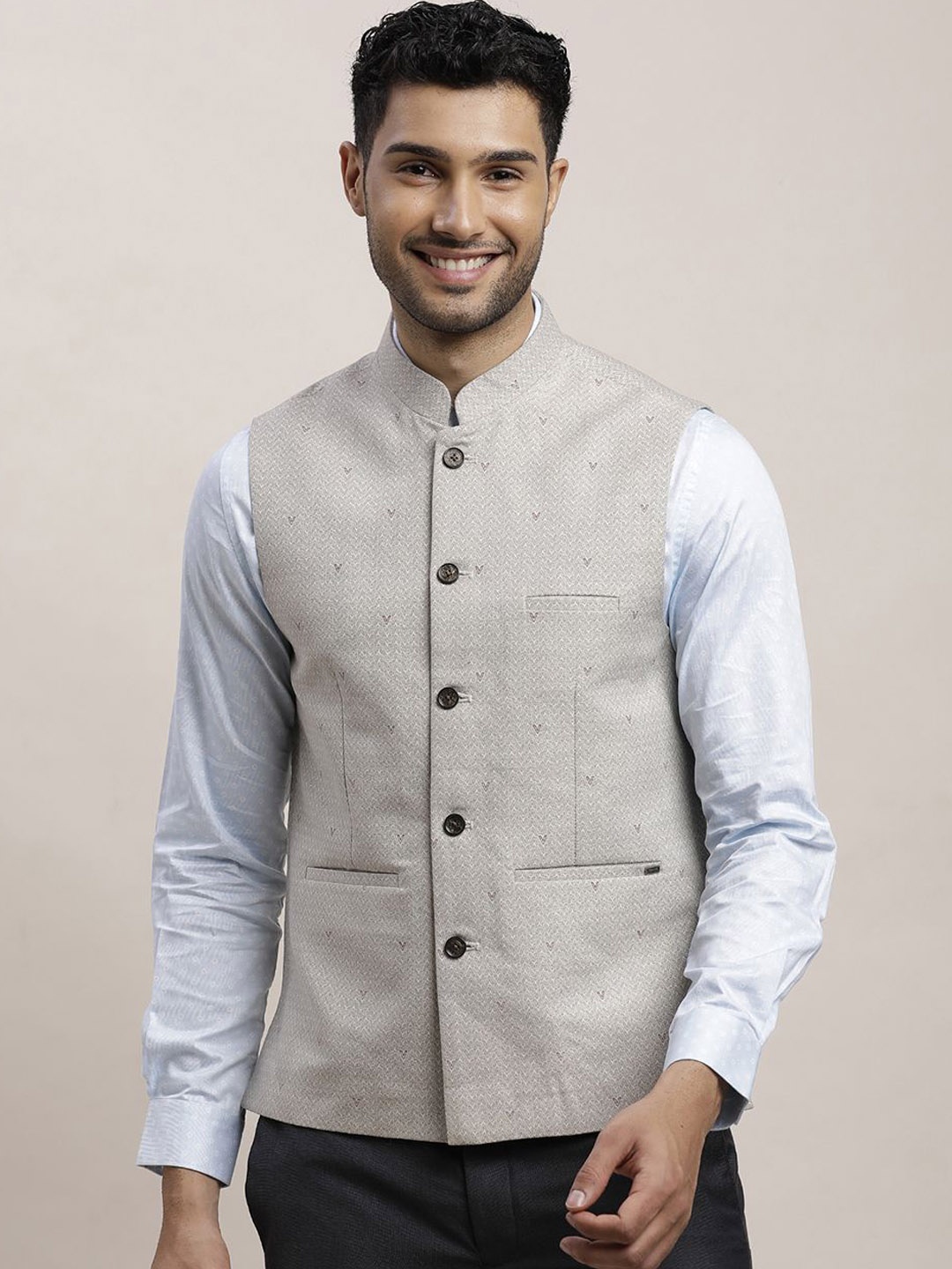 

Turtle Men Self Design Woven Nehru Jackets, Grey