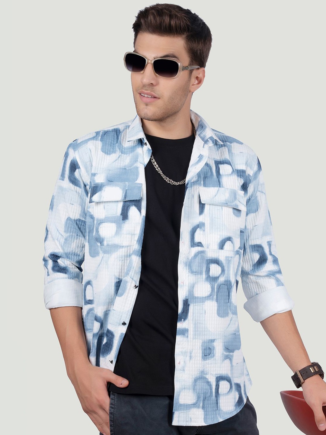 

ALMATY Men Comfort Spread Collar Abstract Printed Cotton Slim Fit Party Shirt, Blue