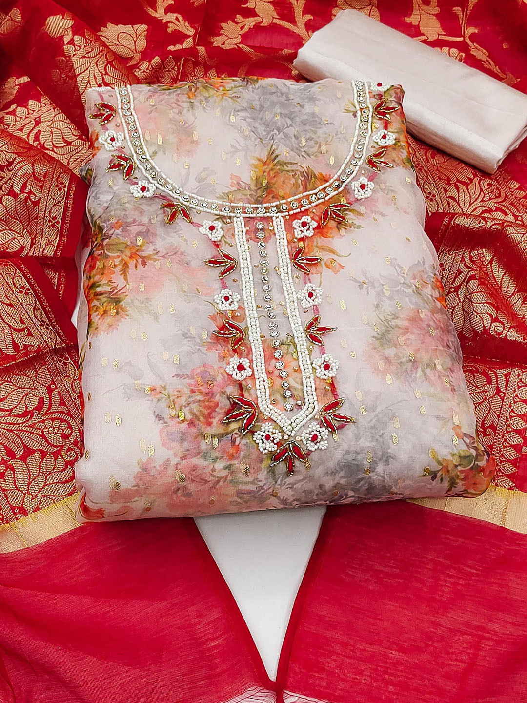 

Ishin Floral Embroidered Organza Beads and Stones Detail Unstitched Dress Material, White