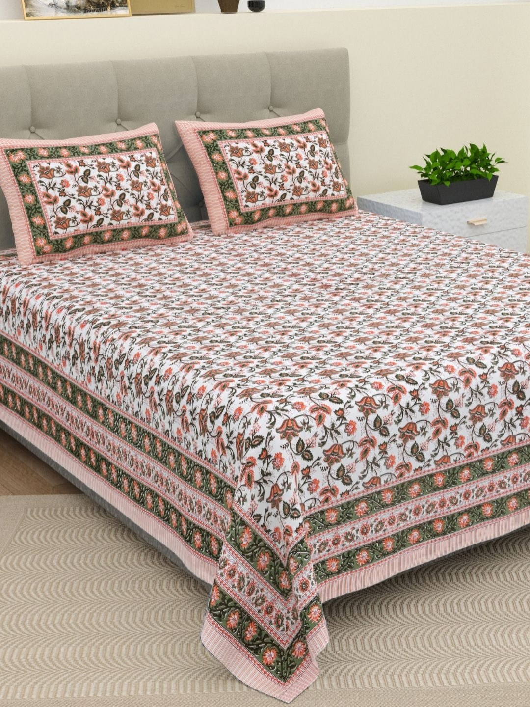 

The Craft Monk Green Floral Printed 210 TC Cotton King Bedsheet with 2 Pillow Covers