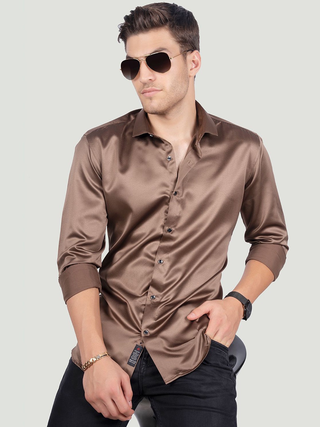 

ALMATY Men Comfort Spread Collar Solid Cotton Slim Fit Party Shirt, Brown