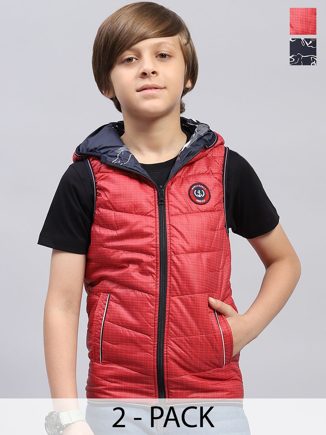 

Monte Carlo Boys Reversible Hooded Puffer Jacket with Patchwork, Red
