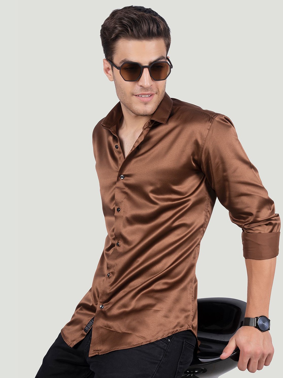 

ALMATY Men Comfort Spread Collar Solid Cotton Slim Fit Party Shirt, Brown