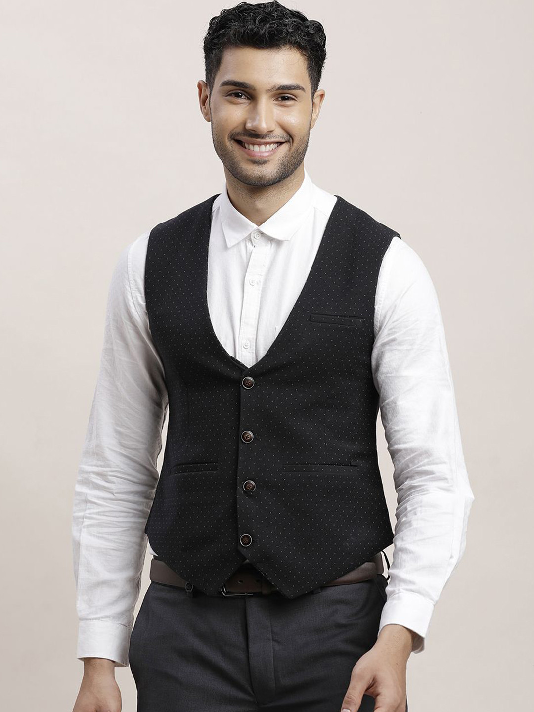 

Turtle Men Pure Cotton V Neck Button Closure Waist Coat, Black