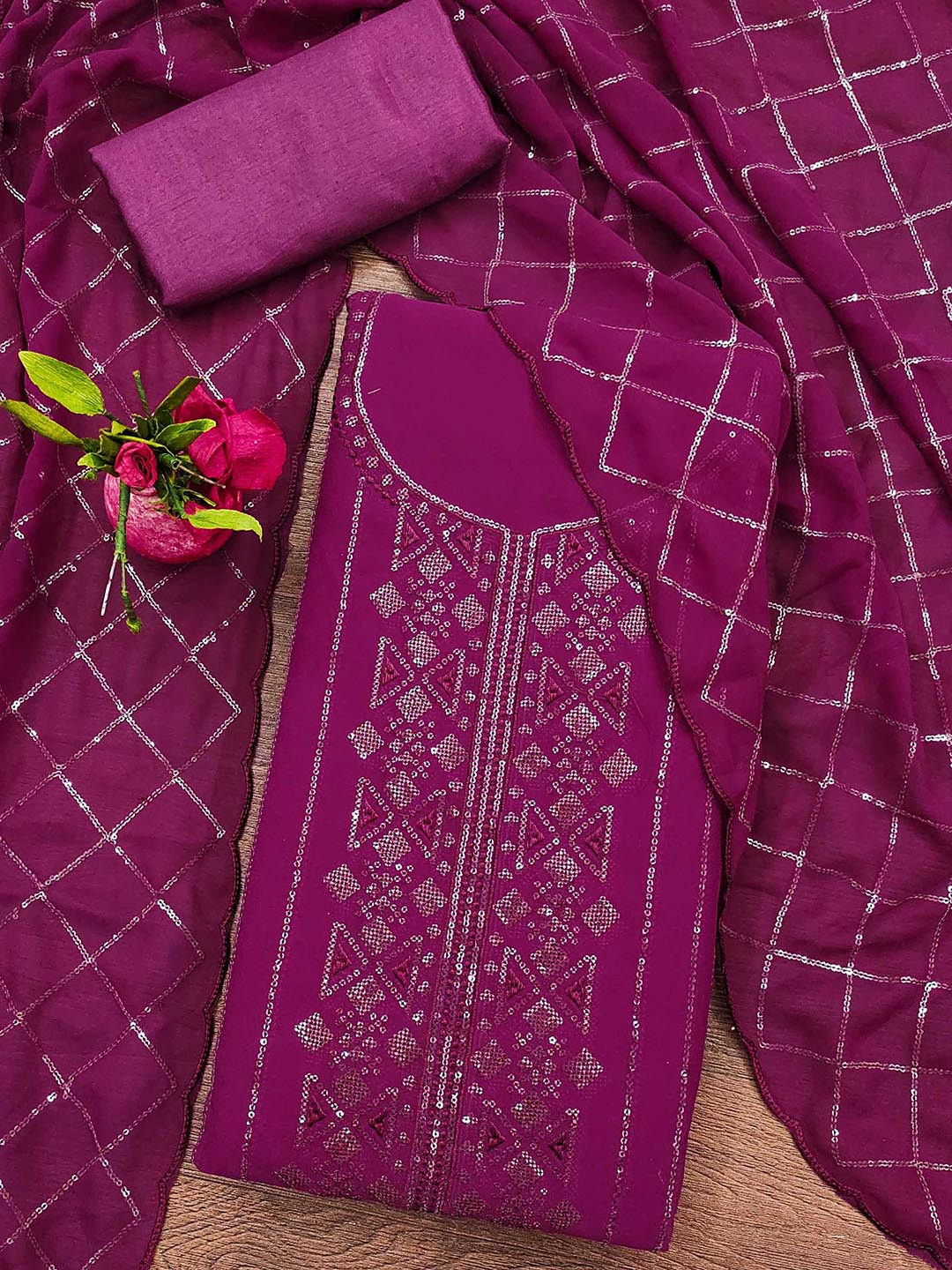 

Ishin Floral Embroidered Silk Georgette Unstitched Dress Material, Pink