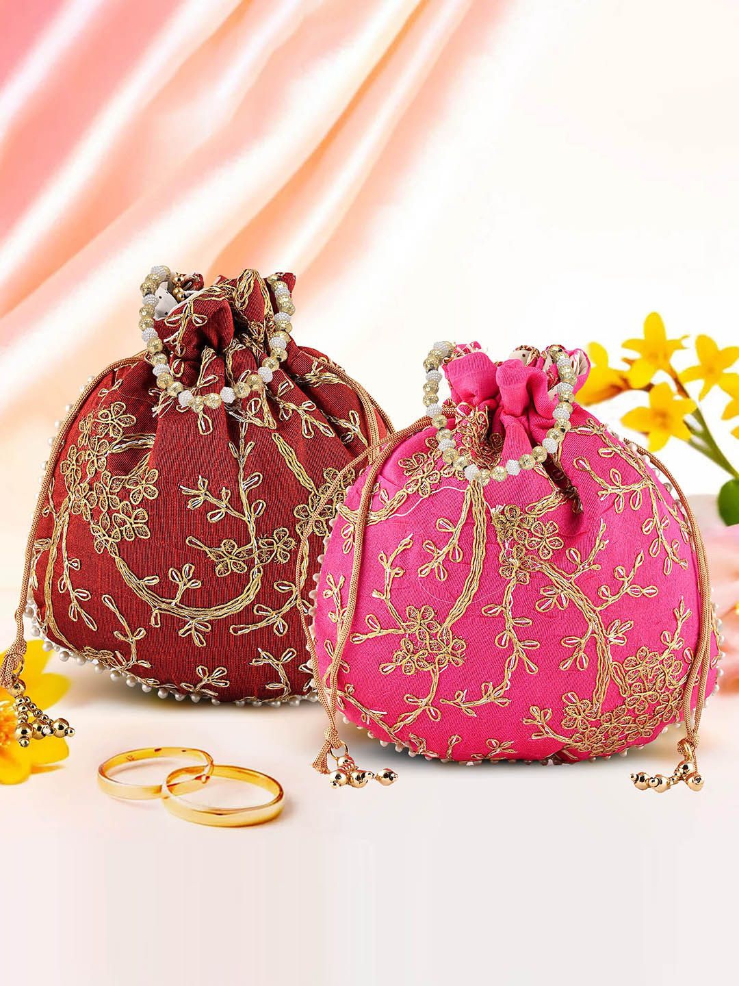 

Kuber Industries Set Of 2 Embroidered Potli Clutches, Maroon