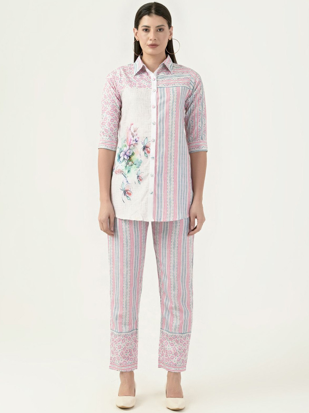 

Albion By CnM Floral Printed Short Sleeves Shirt With Trousers, Pink