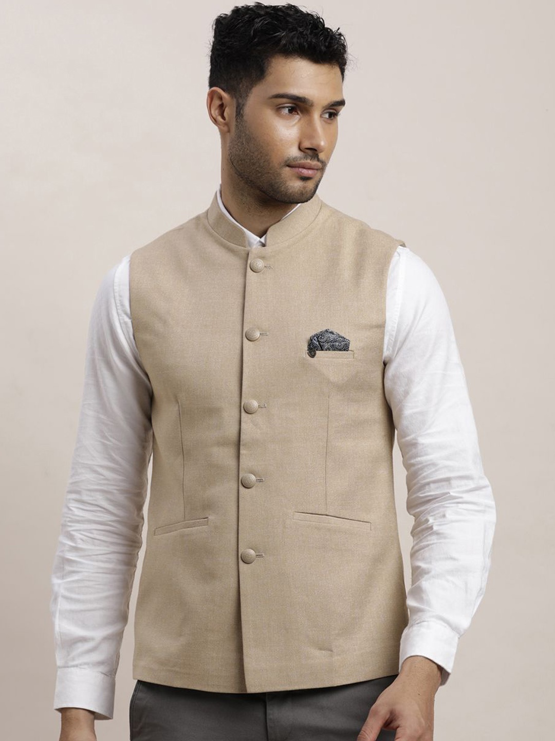 

Turtle Women Woven Formal Nehru Jacket, Beige