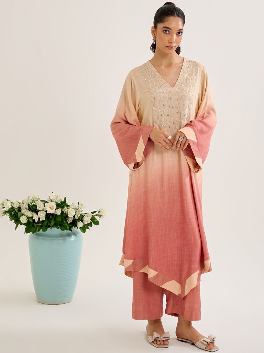 

Siyona by Ankurita Paisley Yoke Design Sequinned Pakistani Style Kurta With Trousers, Coral