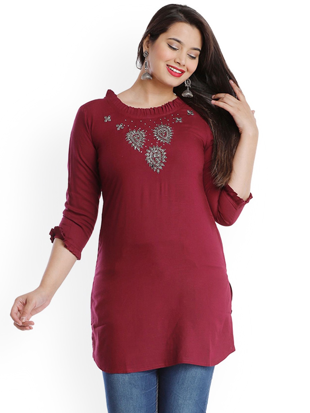 

KALINI Floral Embroidered Straight Kurti, Purple