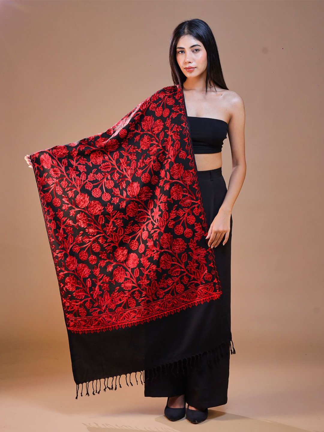 

SWI Stylish Women Embroidered Wool Stole, Black