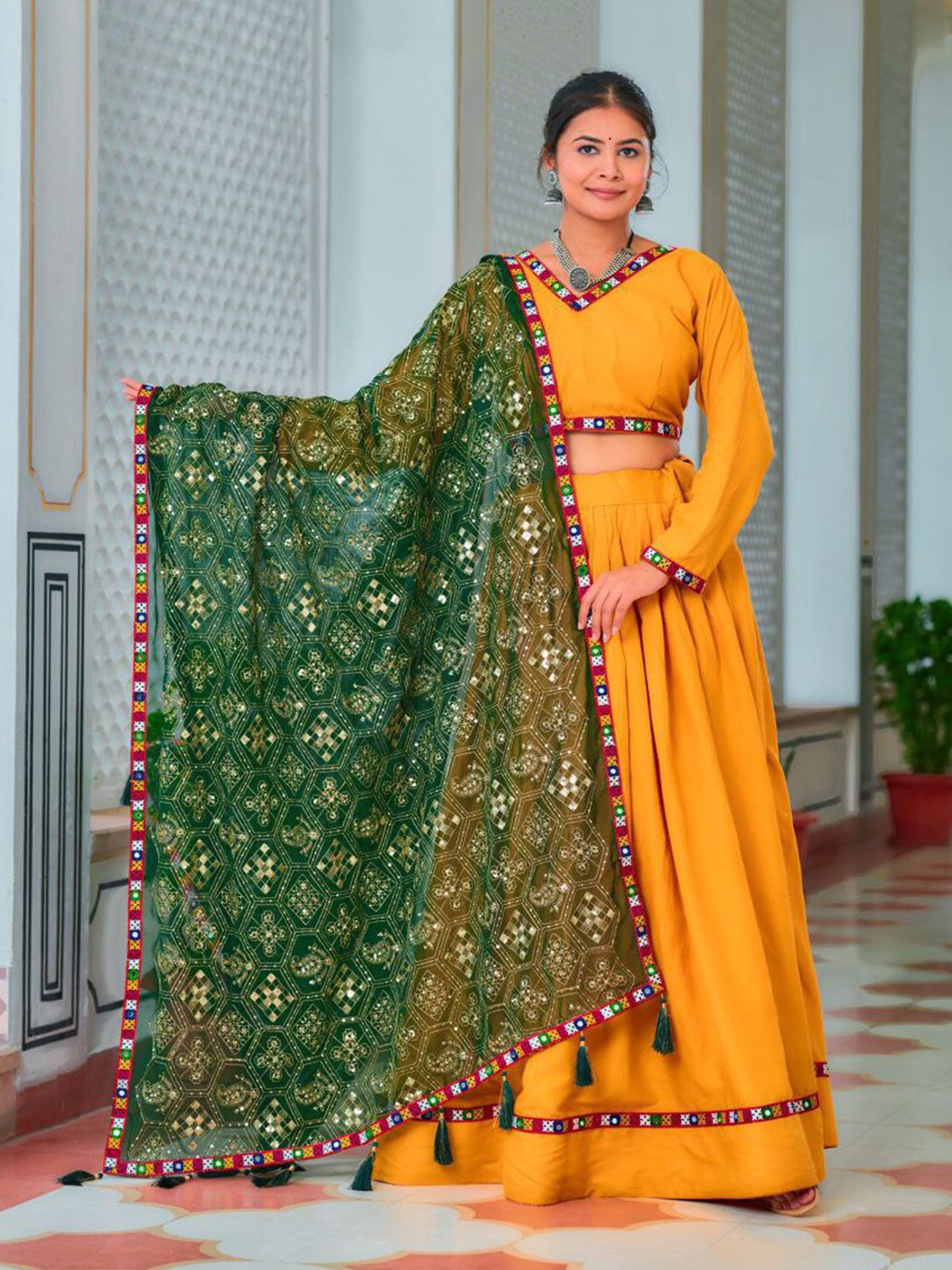 

ZIBLON Embroidered Mirror Work Ready to Wear Lehenga & Blouse With Dupatta, Yellow