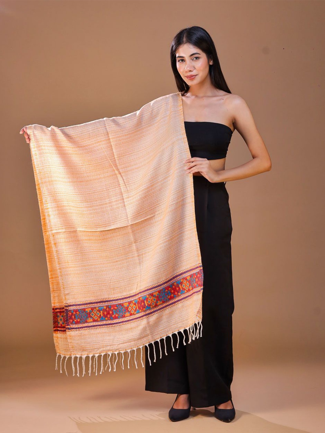 

SWI Stylish Women Striped Wool Stole, Beige