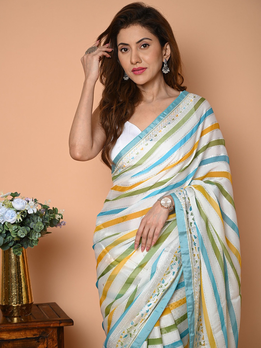 

BEATITUDE Striped Organza Saree, White