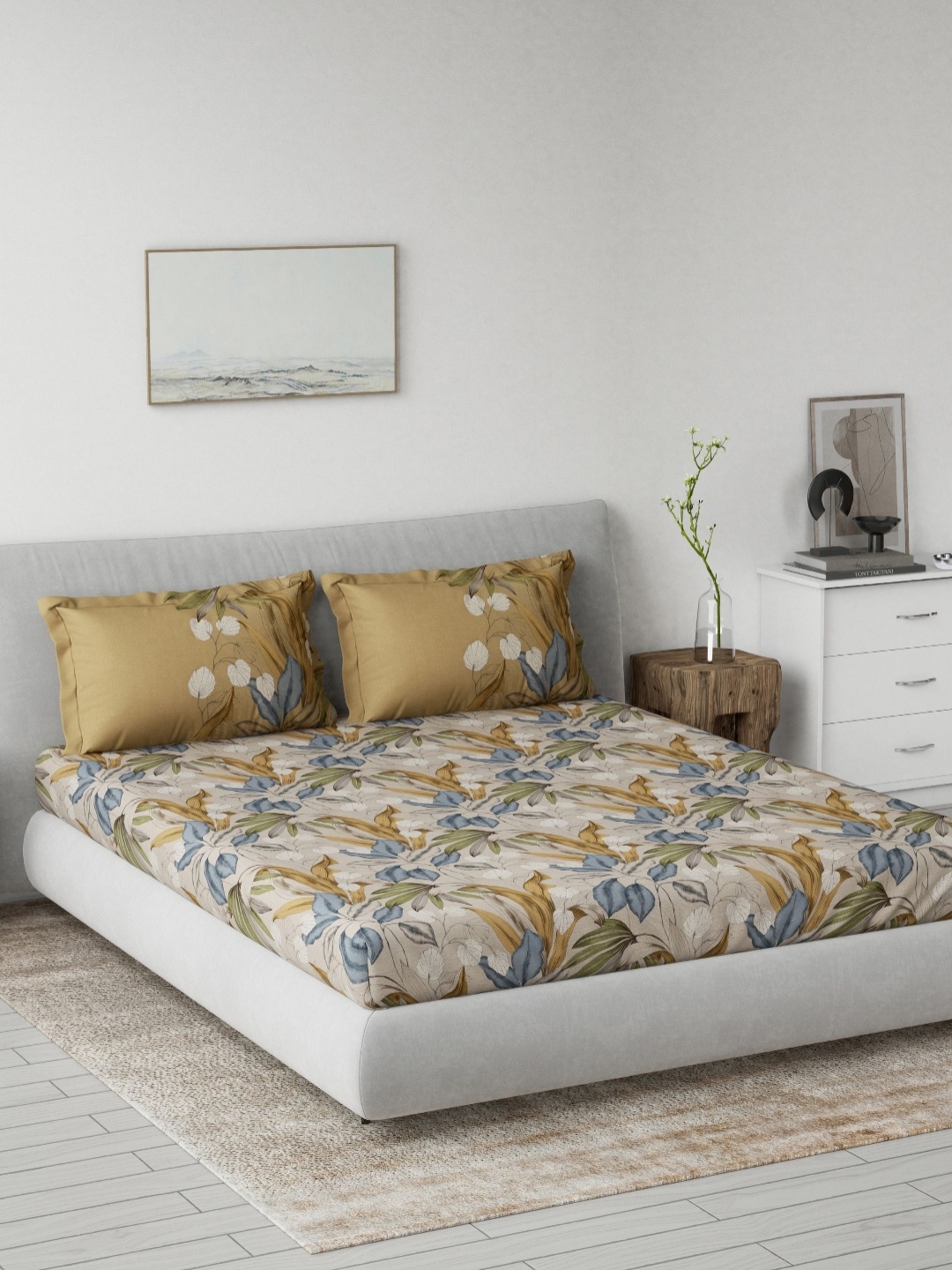 

DDecor Brown & Blue Floral Printed 145 TC Cotton Double King Fitted Bedsheet Set