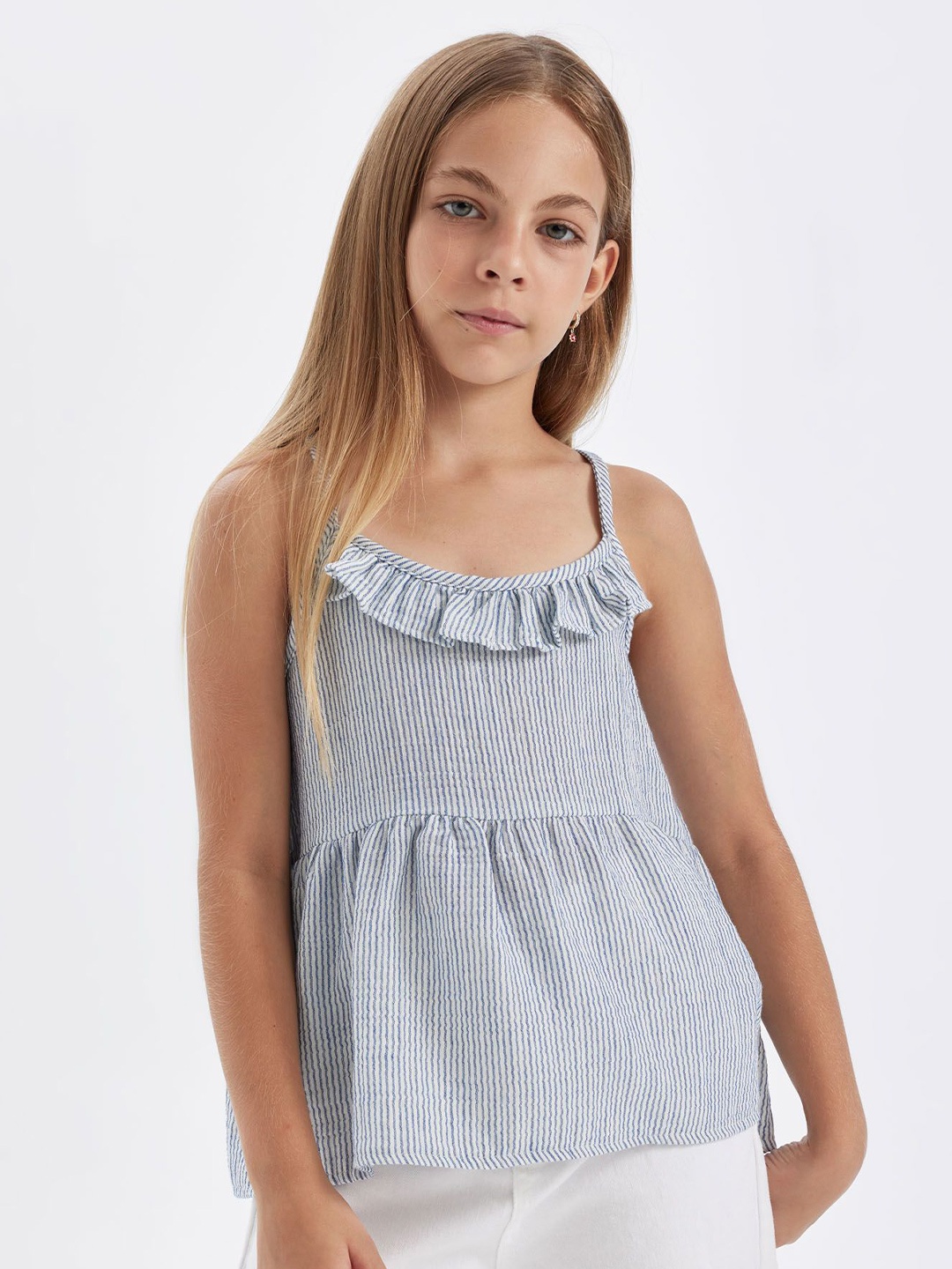 

DeFacto Girls Vertical Striped Shoulder Straps Cotton Top, White