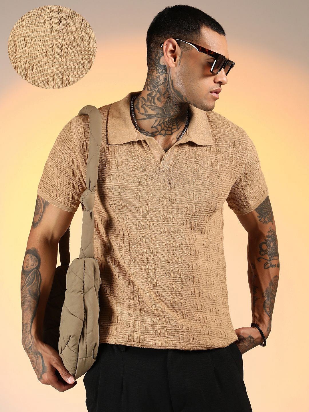

Campus Sutra Men Self Design Polo Collar Cotton T-shirt, Beige