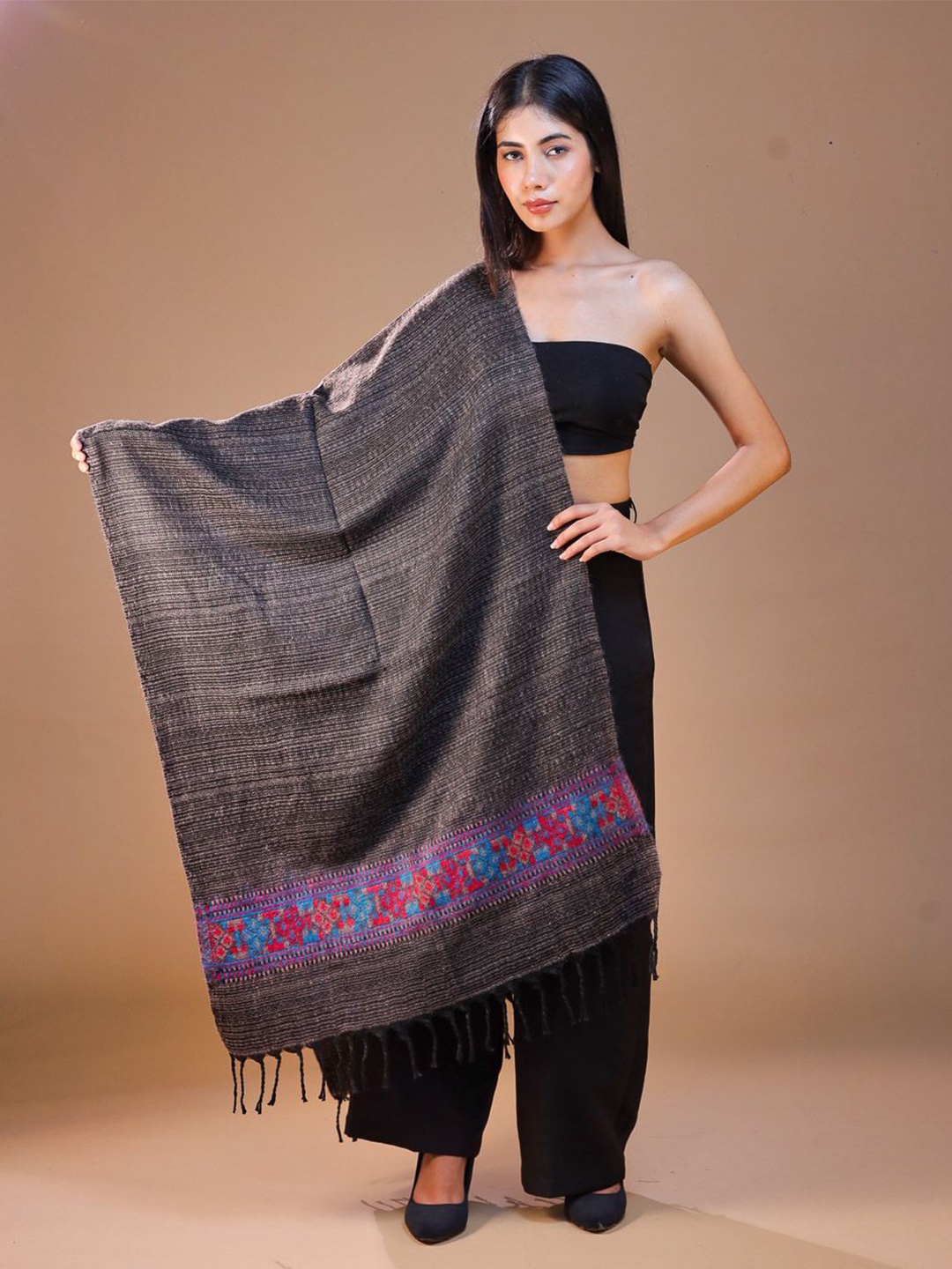 

SWI Stylish Women Striped Woven Design Fringed Stole, Grey