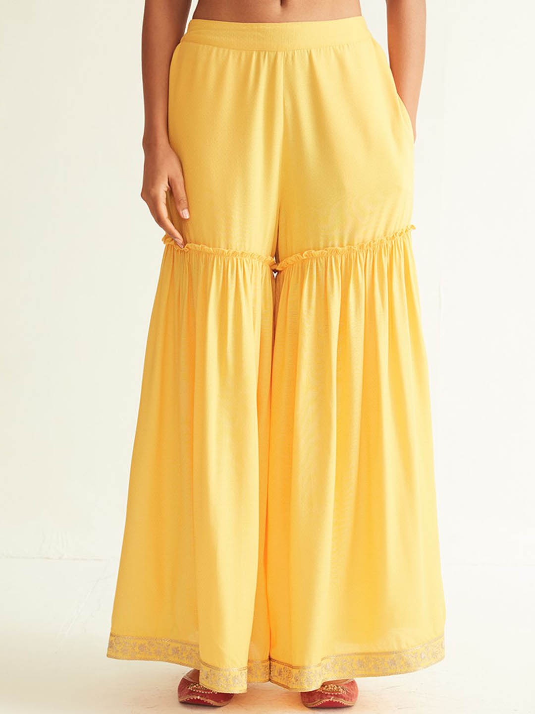 

Ancestry Women Embroidered Flared Pleated Trousers With Zari, Yellow