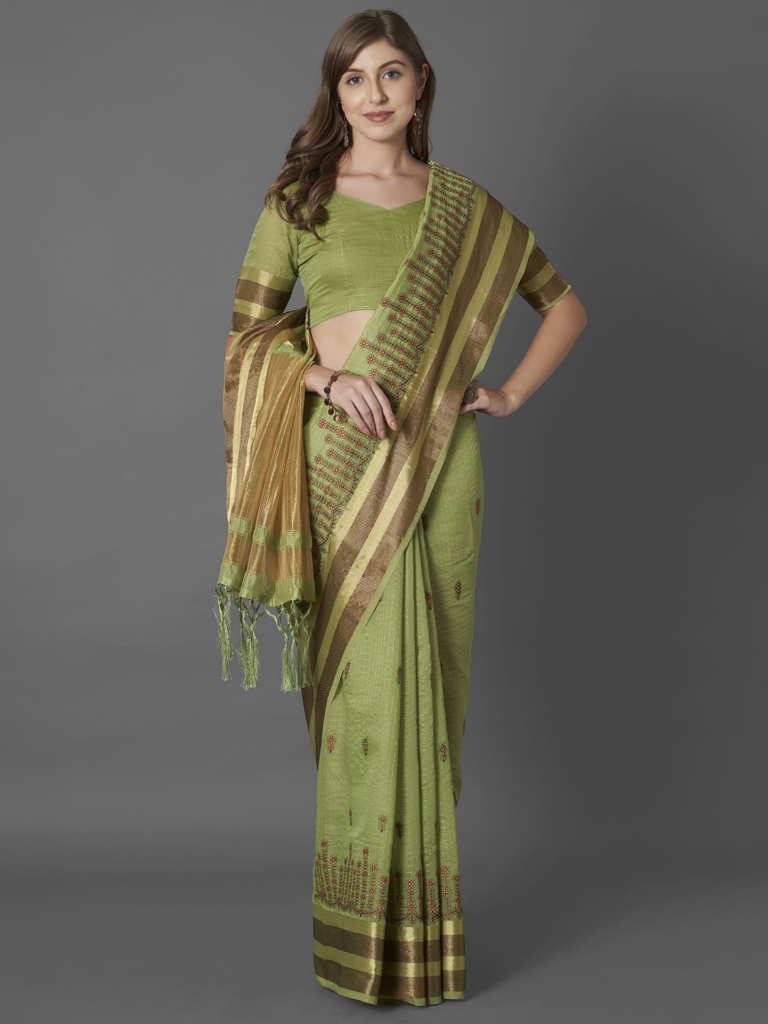 

Mitera Floral Zari Embroidered Saree, Green