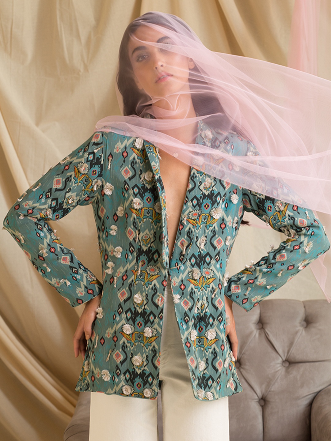 

Payal Singhal Women Floral Polyester Lightweight Embroidered Jacket, Blue