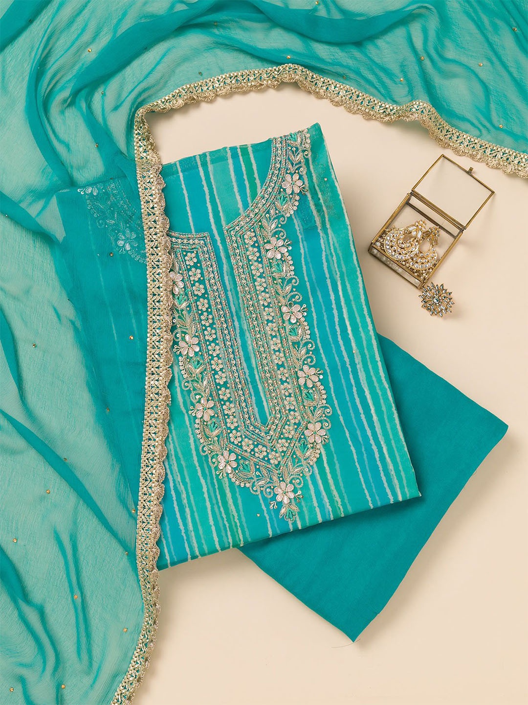 

Koskii Floral Embroidered Beads and Stones Organza Unstitched Dress Material, Blue