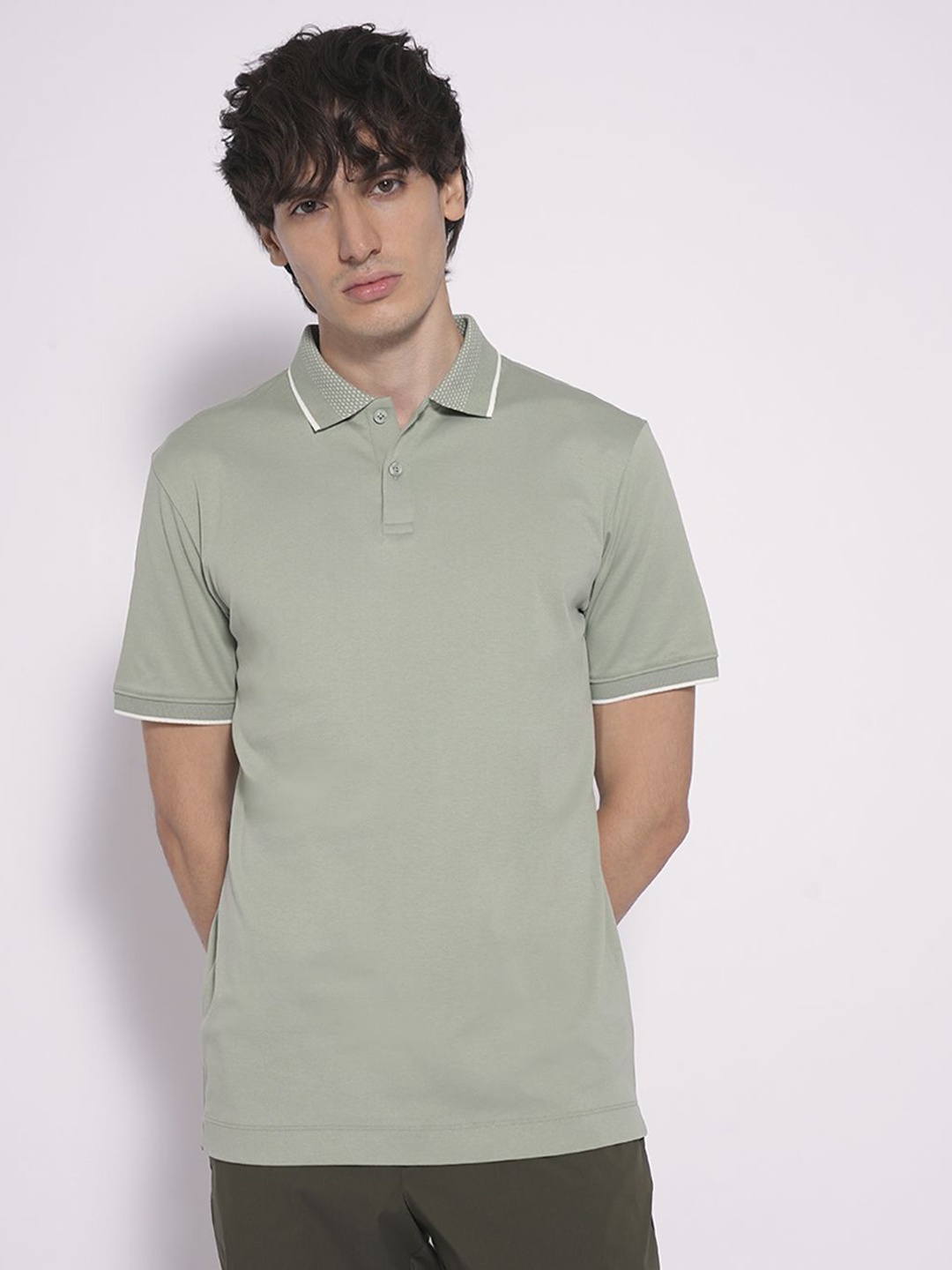 

SELECTED Men Solid Polo Collar Cotton Slim Fit T-shirt, Green