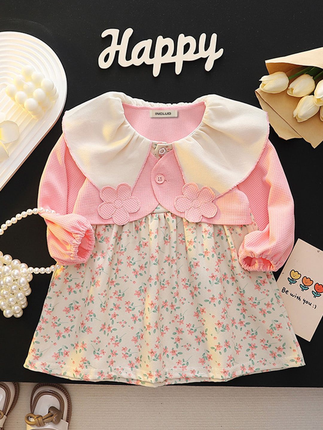 

INCLUD Girls Floral Printed Peter Pan Collar Puff Sleeve Fit & Flare Dress, Pink