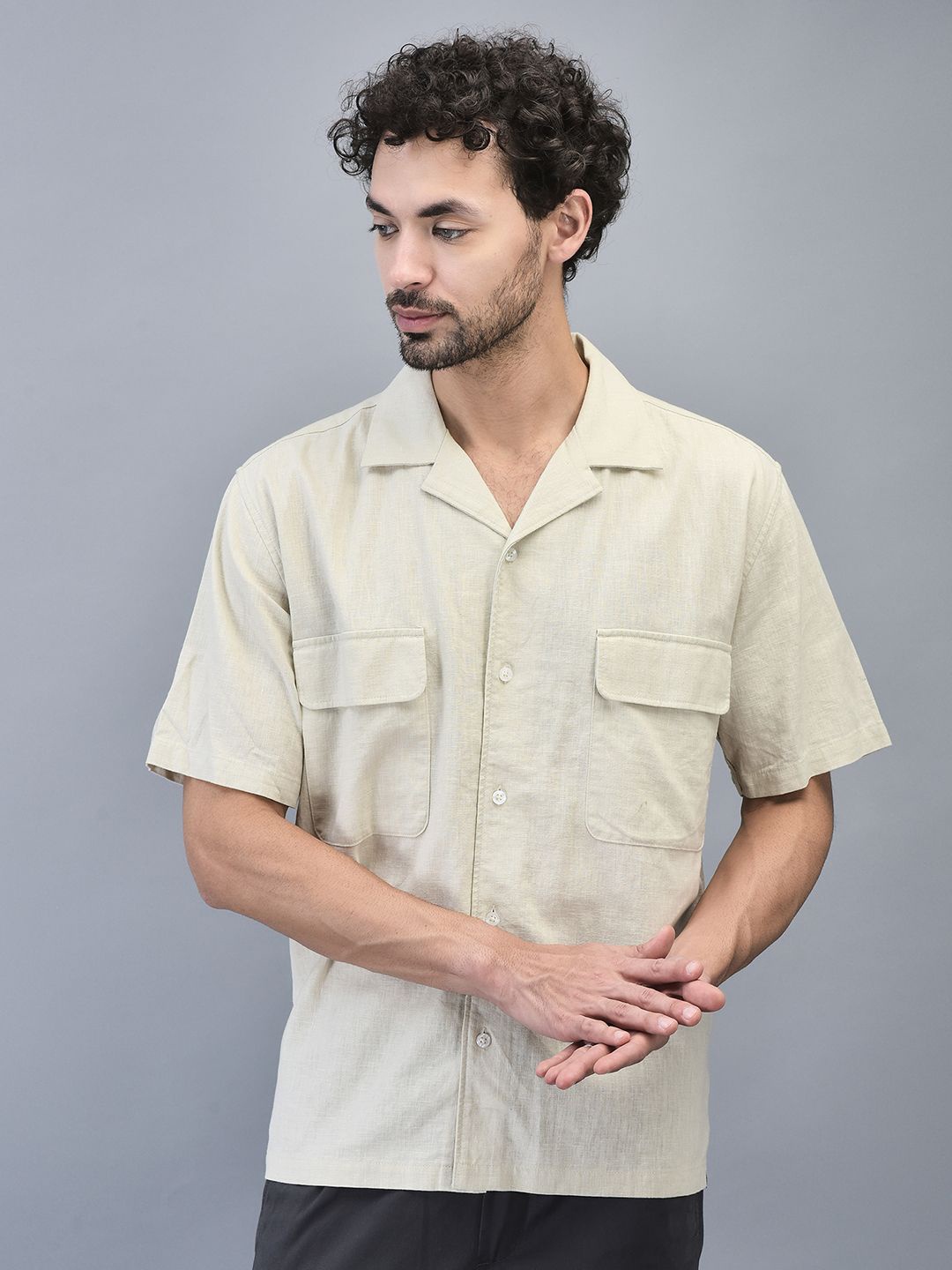 

Woodland Men Spread Collar Solid Linen Casual Shirt, Beige