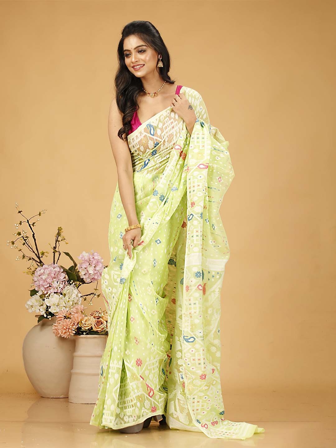 

SLAGHA Ethnic Motifs Woven Design Zari Jamdani Saree, Yellow