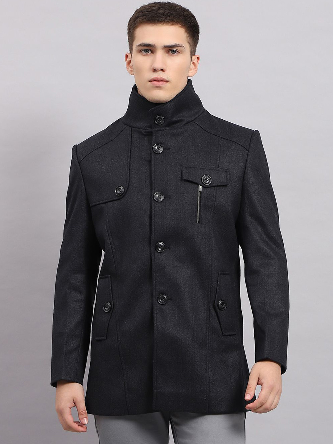 

Monte Carlo Self Design Mock Neck Full Sleeves Single-Breasted Overcoat, Black