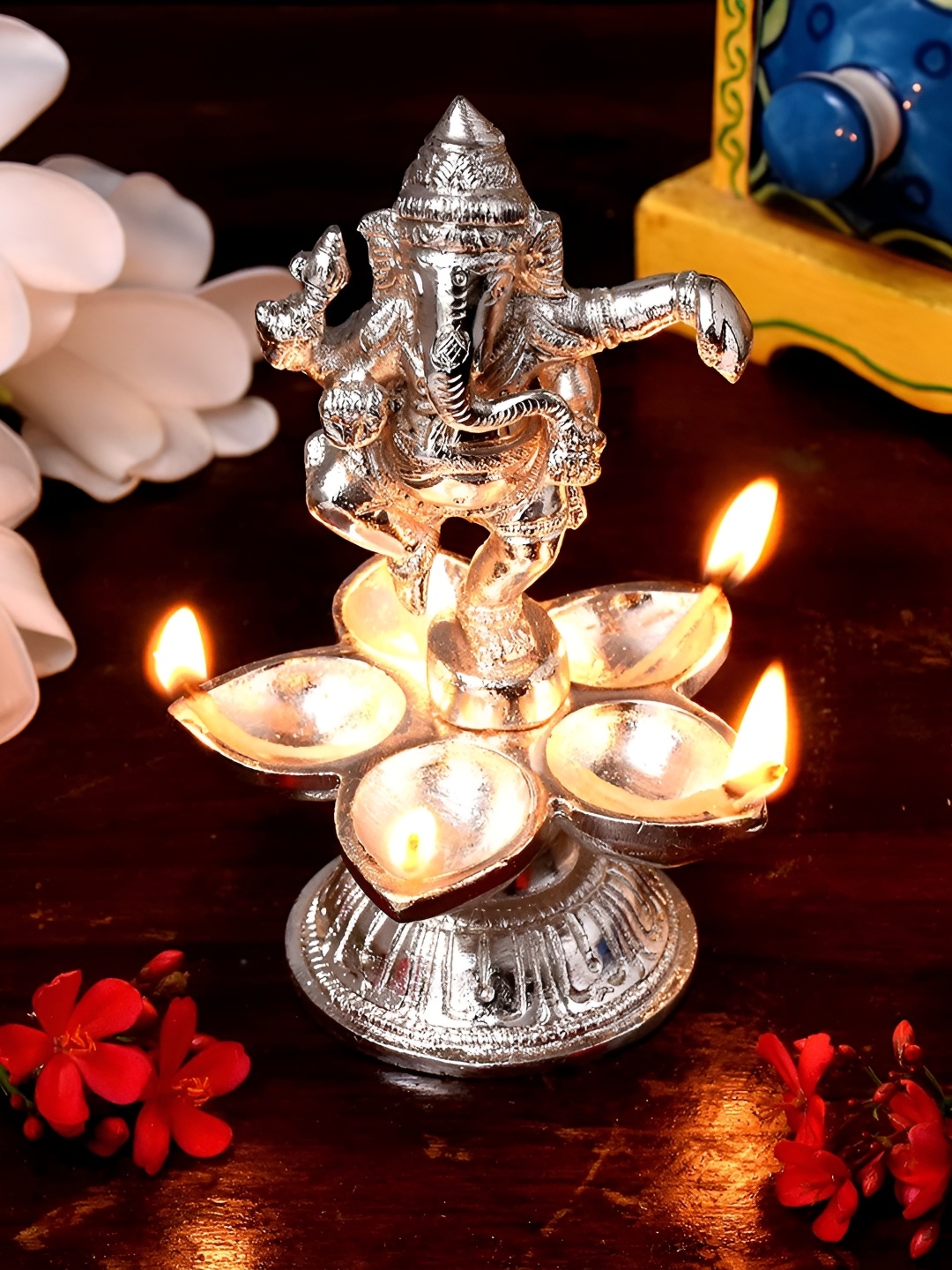 

Indianshelf Silver-Toned Ganesha Brass Oil Lamp Diya Pooja Essentials