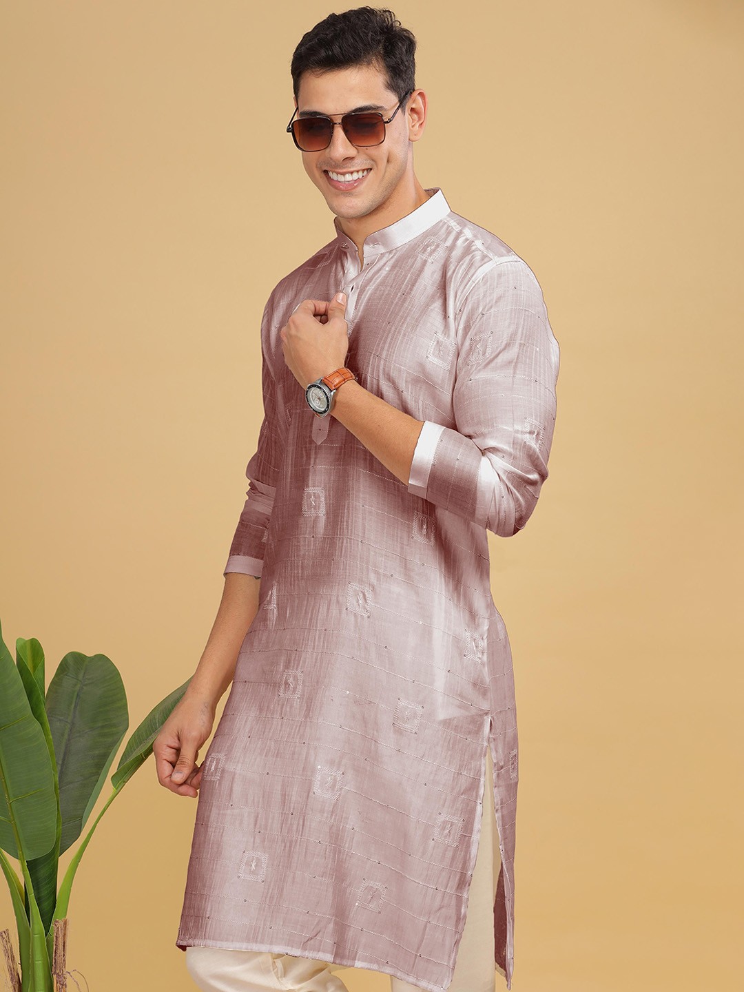 

Anouk Pink Ethnic Motifs Embroidered Band Collar Cotton Straight Kurta