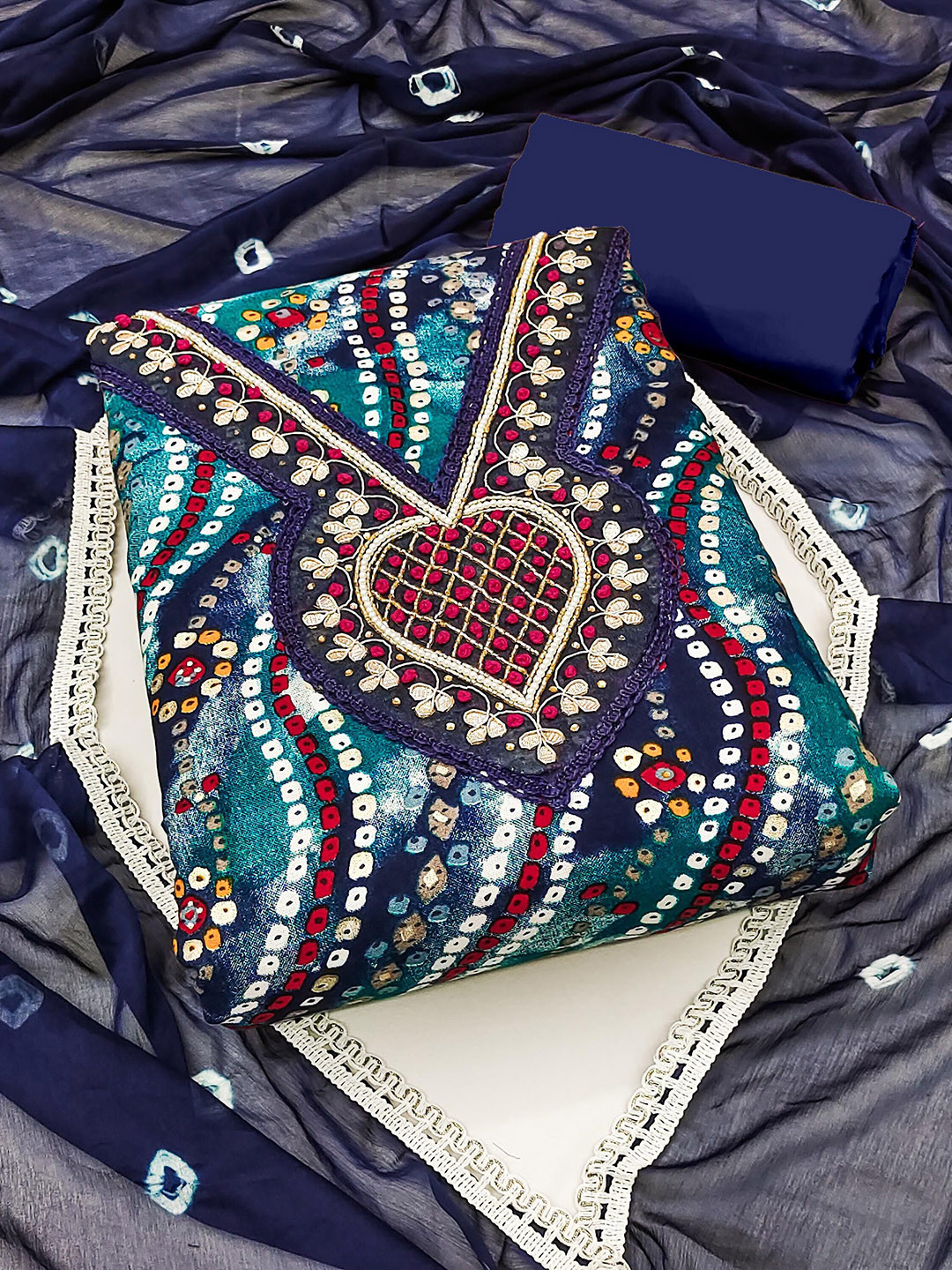 

Ishin Ethnic Motifs Embroidered Beads and Stones Pure Cotton Unstitched Dress Material, Blue