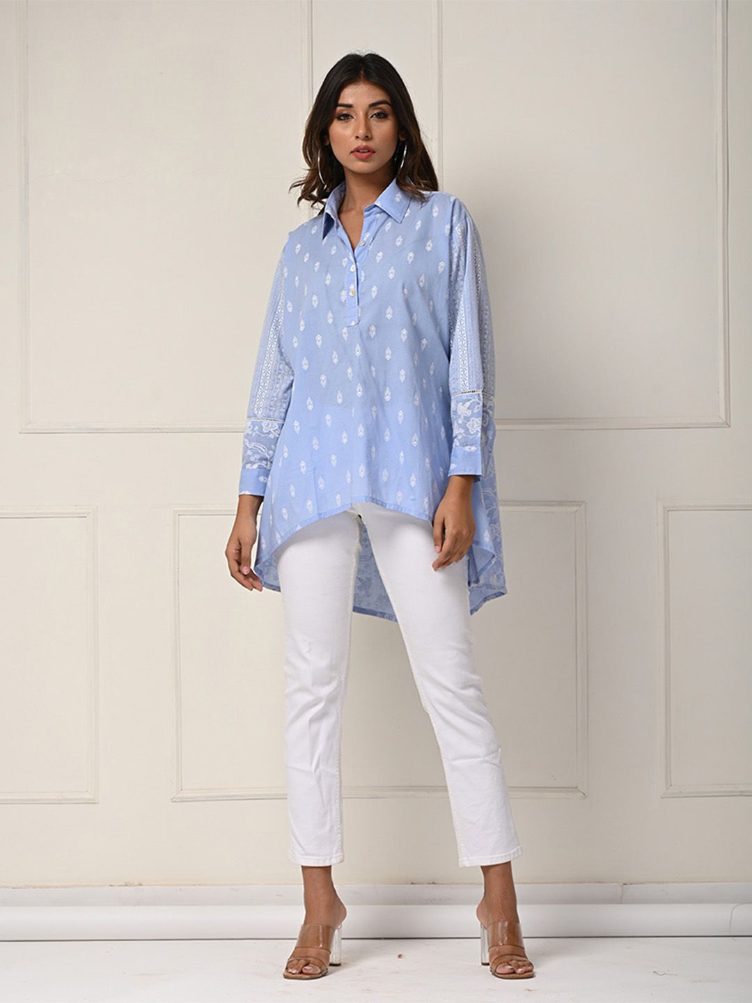

ARAVALII Floral Print Pure Cotton Shirt Style Longline Top, Blue