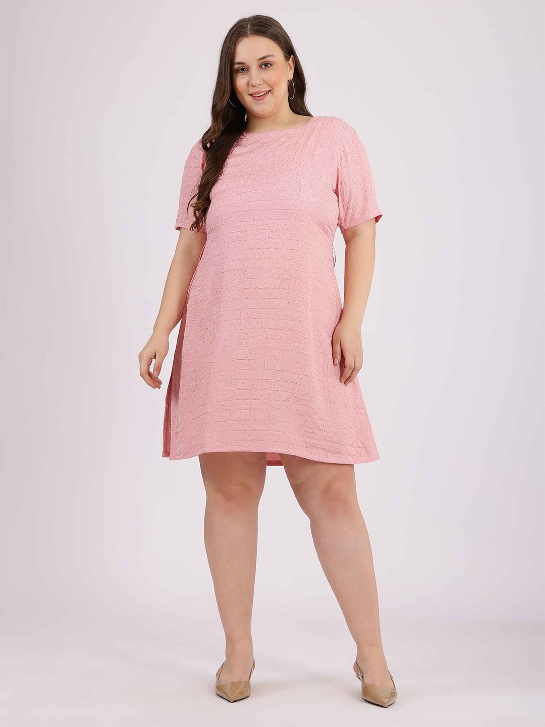 

Curvy Lane Women Boat Neck Short Regular Sleeve A-line Above Knee Length Dress, Pink