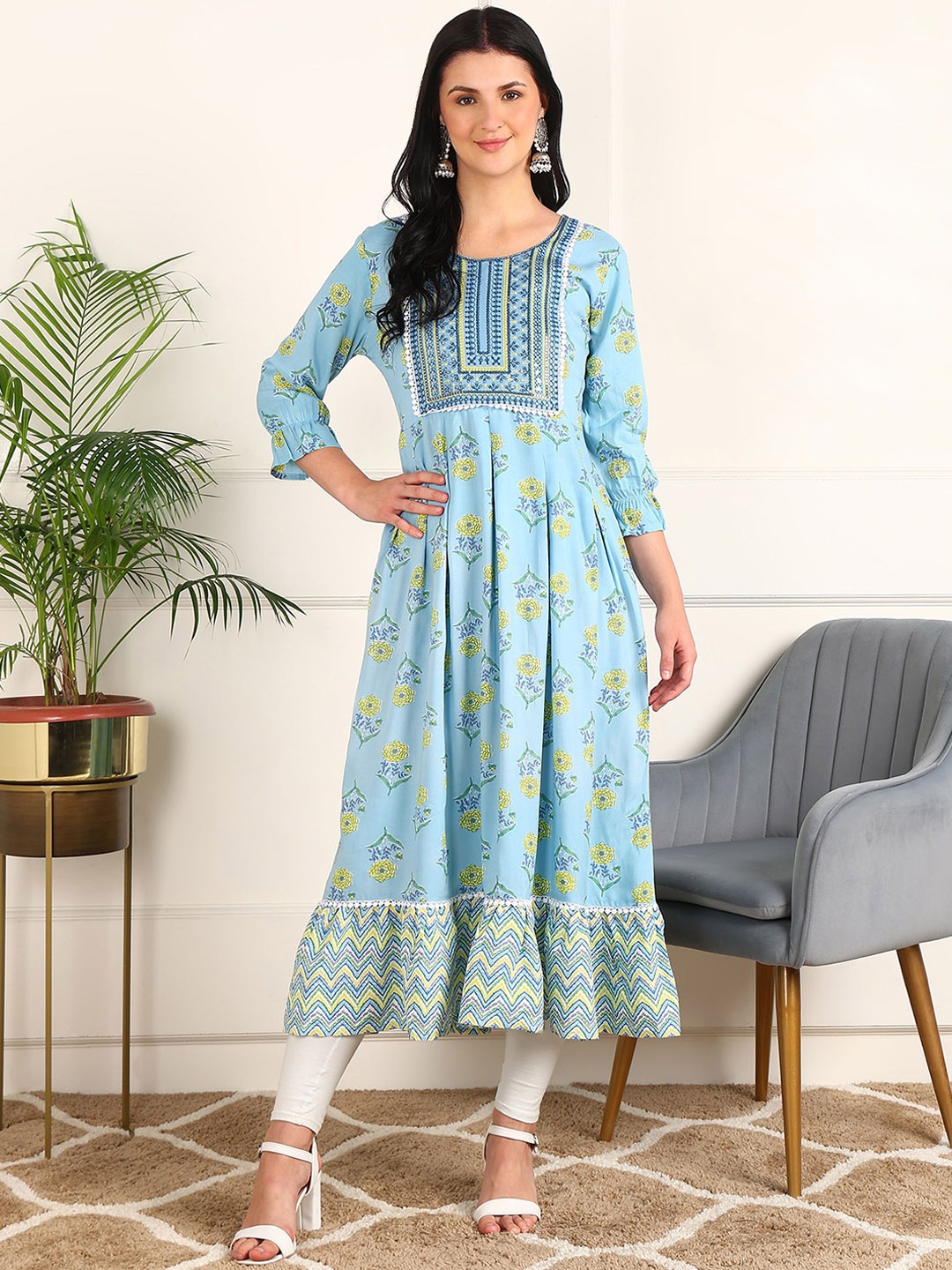 

Kapad Dwar Ethnic Motifs Printed Thread Work Tiered A-Line Kurta, Blue