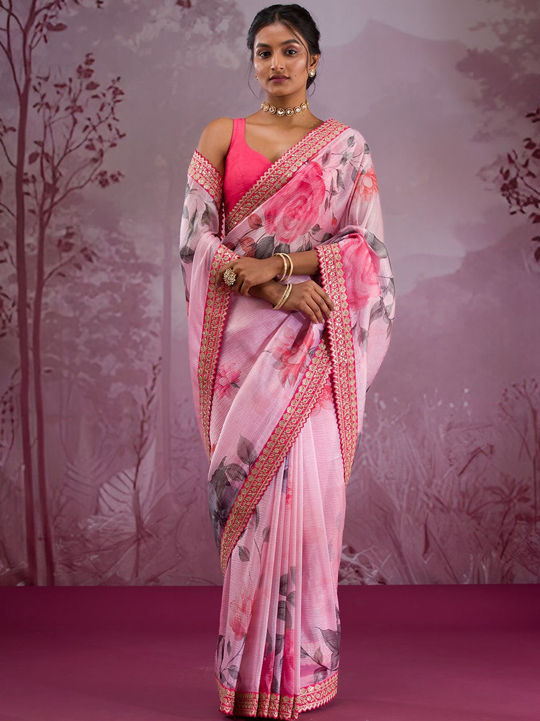 

Koskii Floral Pure Printed Georgette Saree, Pink