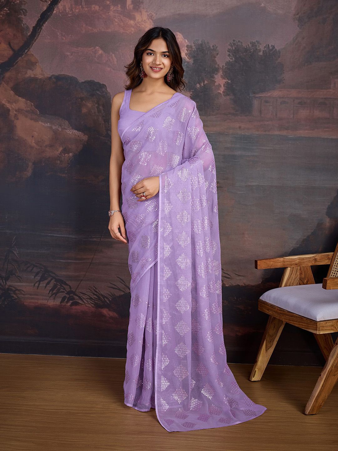 

House of Pataudi Sequinned Saree With Blouse Piece, Lavender
