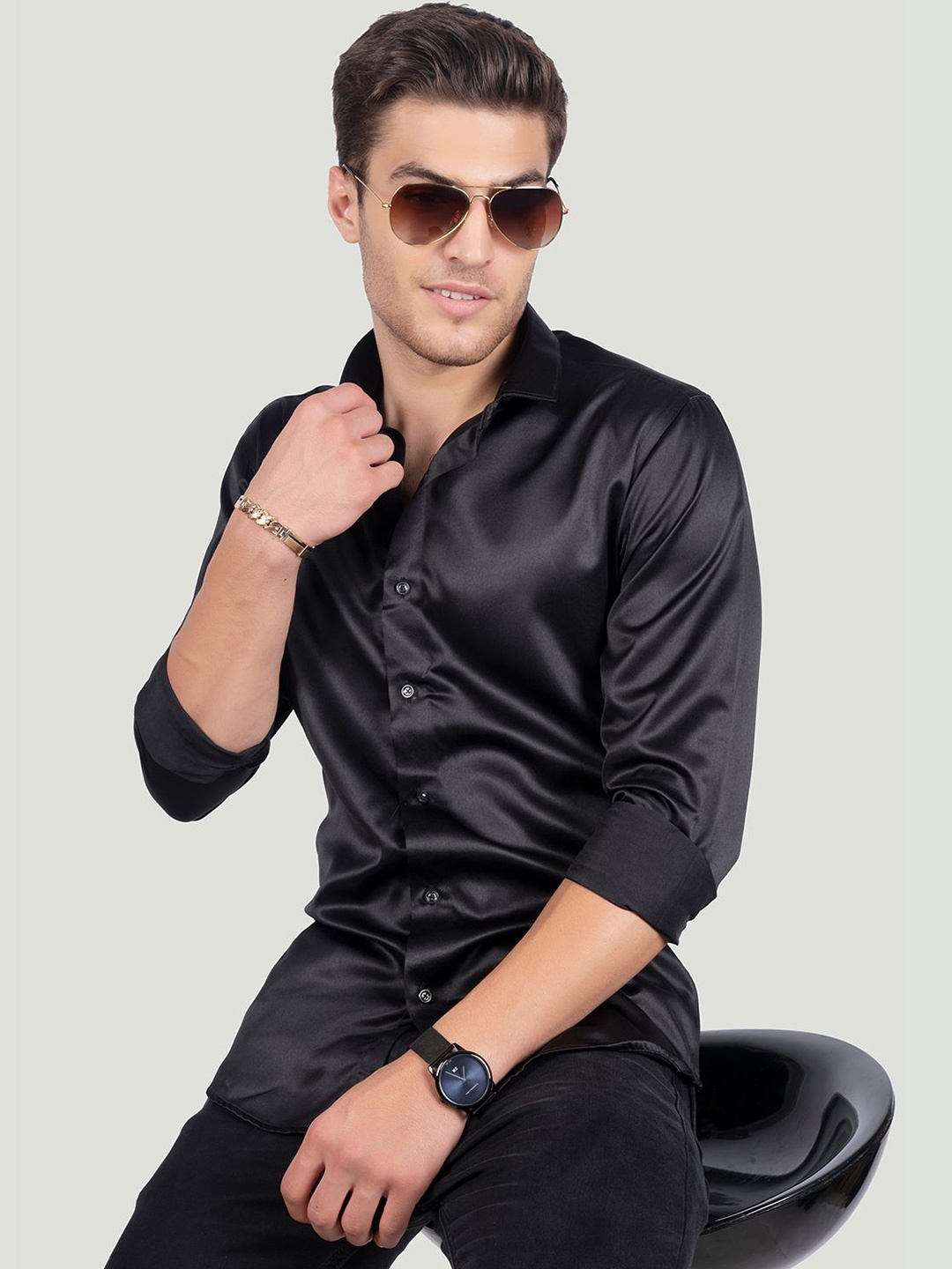 

ALMATY Men Comfort Spread Collar Solid Cotton Slim Fit Party Shirt, Black