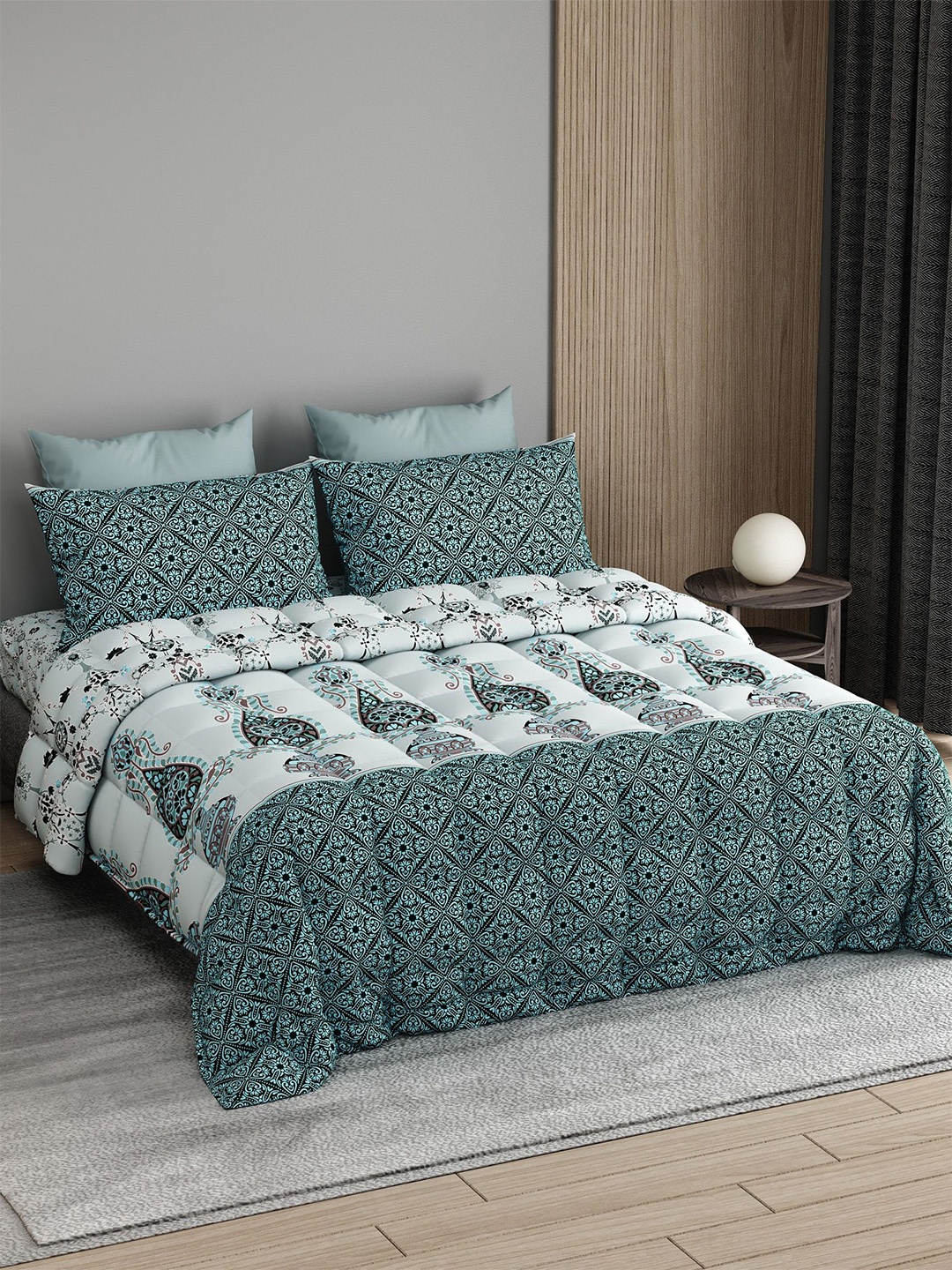 

LABHAM White & Green Floral Printed Pure Cotton Double King Superfine Bedding Set