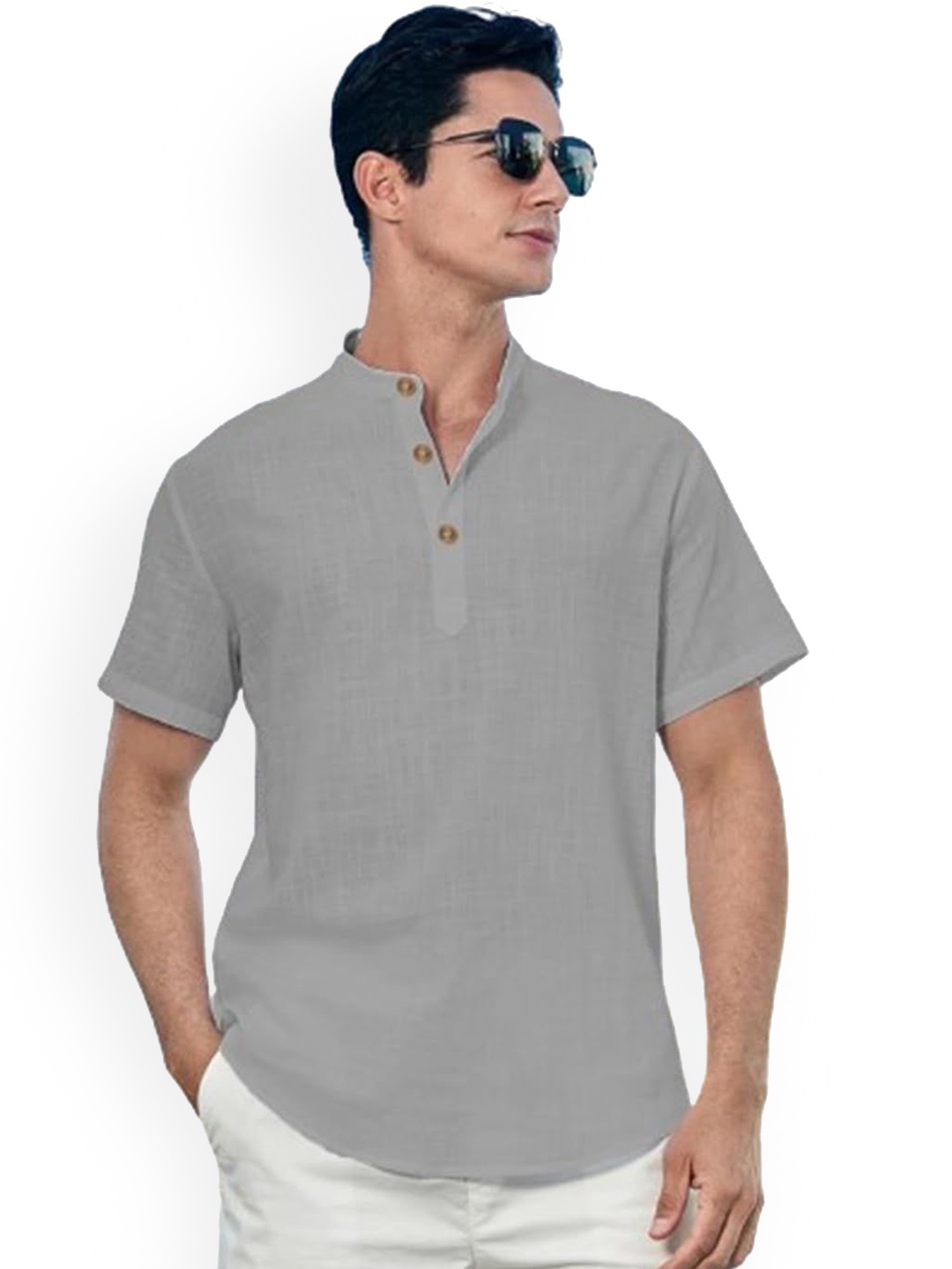 

Vida Loca Mandarin Collar Roll-Up Sleeves Cotton Short Straight Kurta, Grey