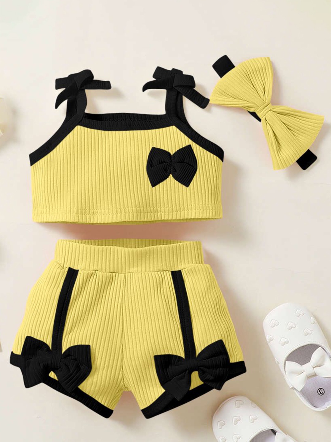 

Emblica Unisex Kids Striped Bow Top with Shorts, Yellow