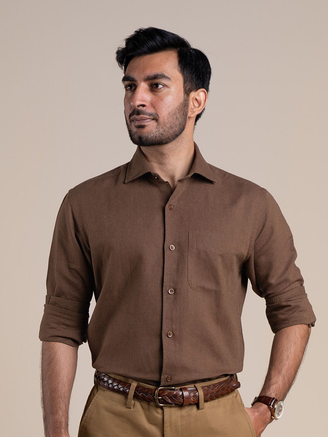 

Monks of Method Men Classic Spread Collar Solid Slim Fit Casual Shirt, Brown