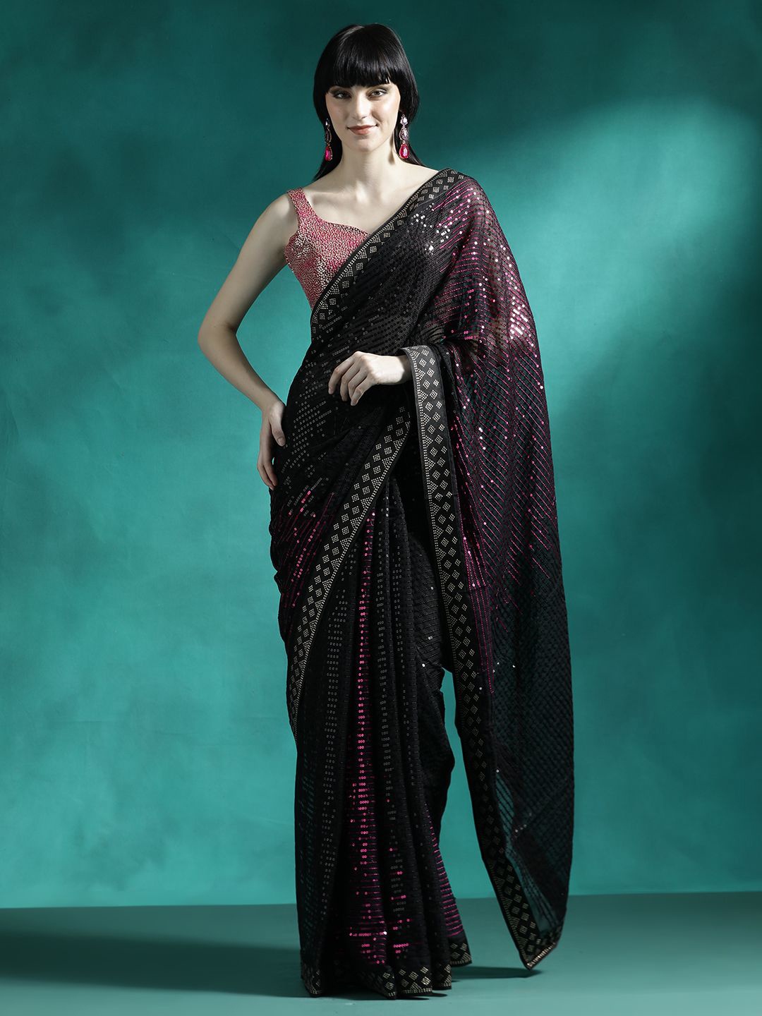 

Sangria Embellished Sequinned Saree, Black