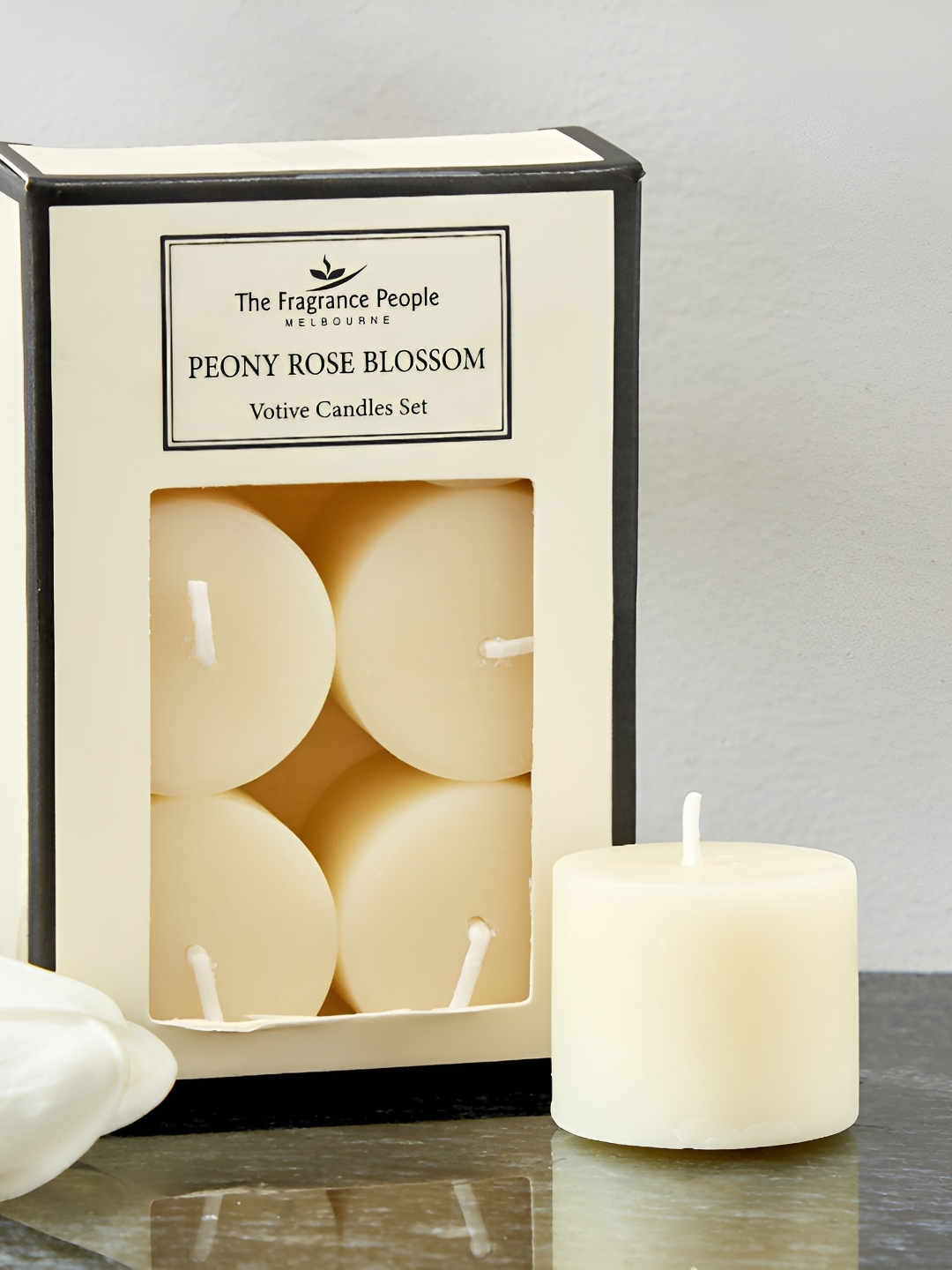 

Home Centre Boutique White & Black 6 pieces Peony Rose Blossom Scented Pillar Candles