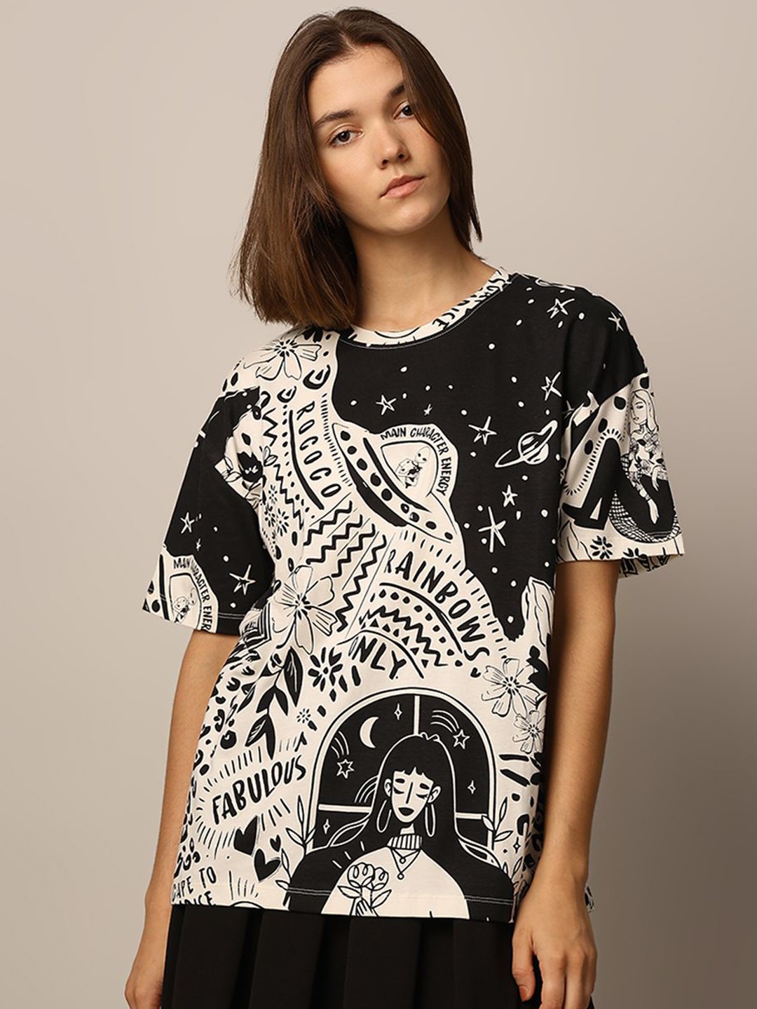 

ONLY Women Graphic Printed Round Neck Cotton Relaxed Fit T-shirt, White