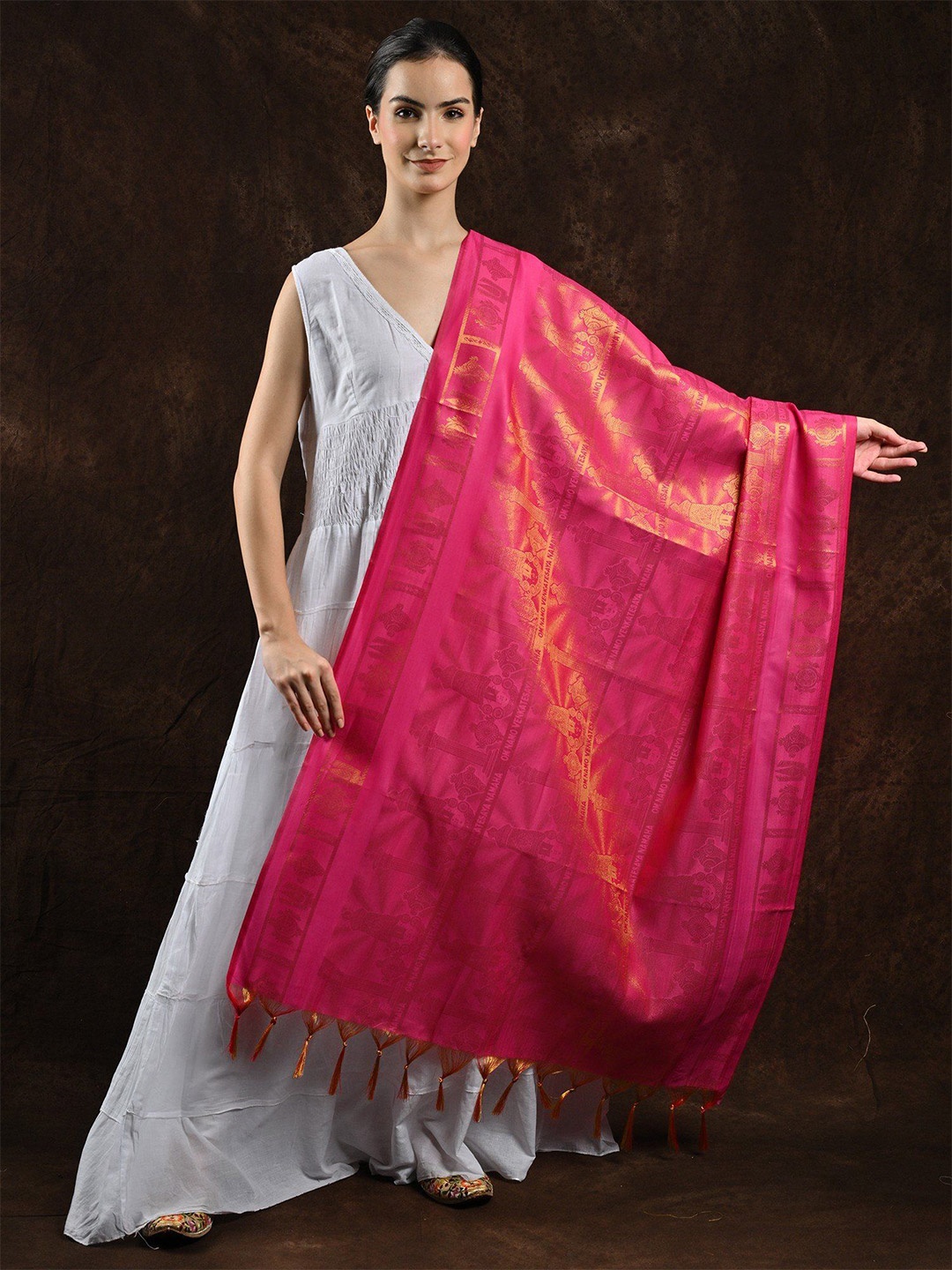 

Exotic India Venkateswar Brocaded Prayer Shawl and Woven Om Namo Venkatesaya Namaha Mantra, Pink