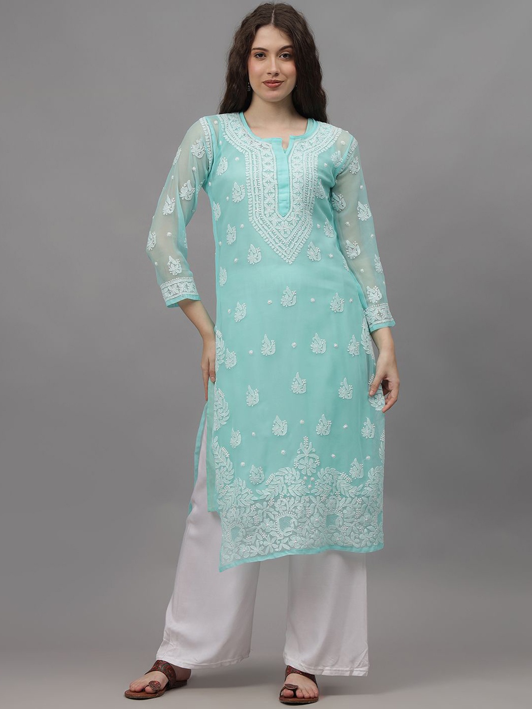 

Seva Chikan Ethnic Motifs Embroidered Chikankari Straight Kurta, Sea green