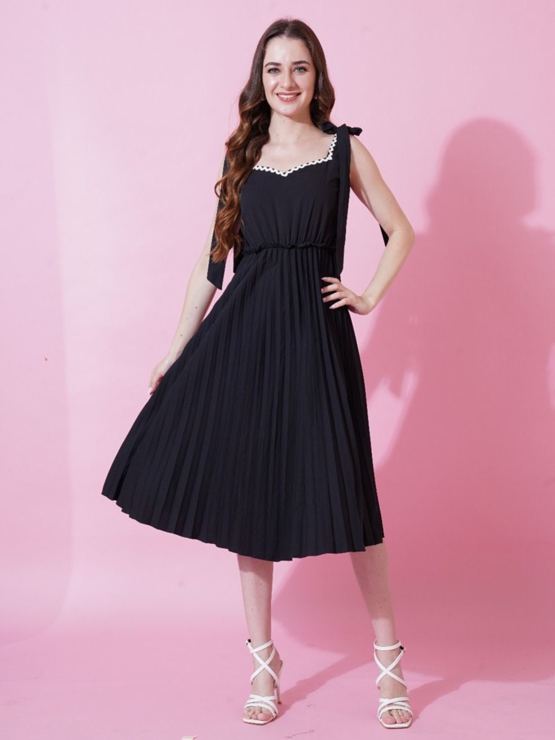 

TextileNow Crepe Pleated Tie-Ups Fit & Flare Midi Dress, Black